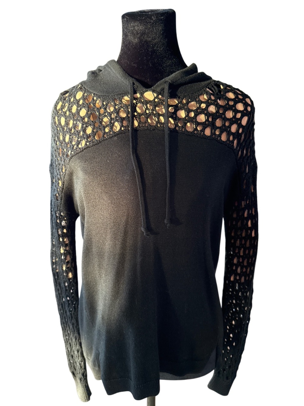 AQUA Black Open-Knit Crochet Detail Pullover Hoodie Sweater- NWT- Sz XS